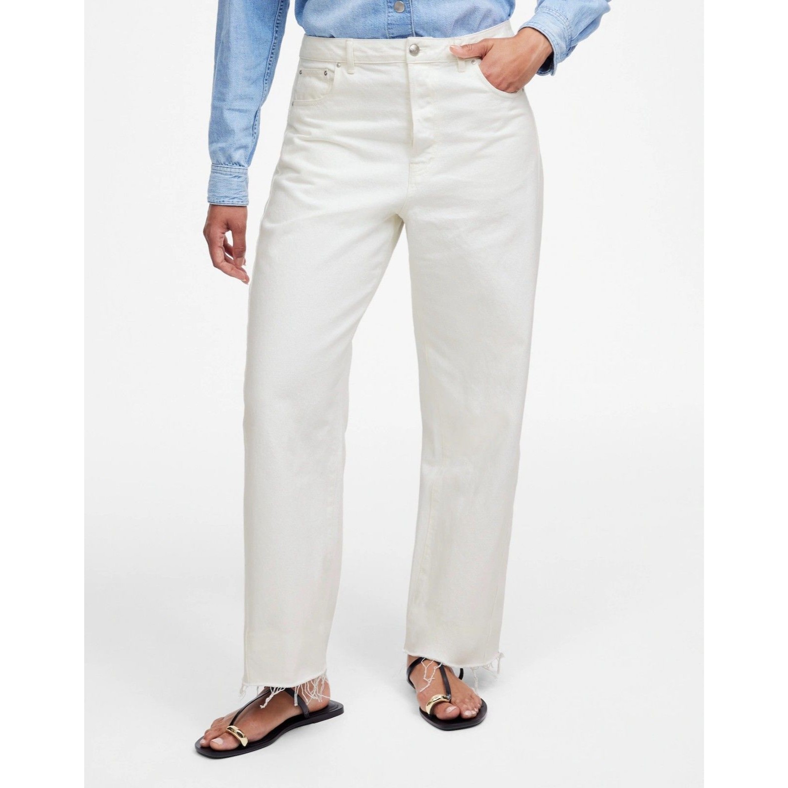 Madewell The Petite Curvy Pieced Barrel-Leg Jean 25p Tile White Raw Hem B21